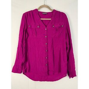 Express Utility Blouse Women M Magenta Button Up Drawstring Back
